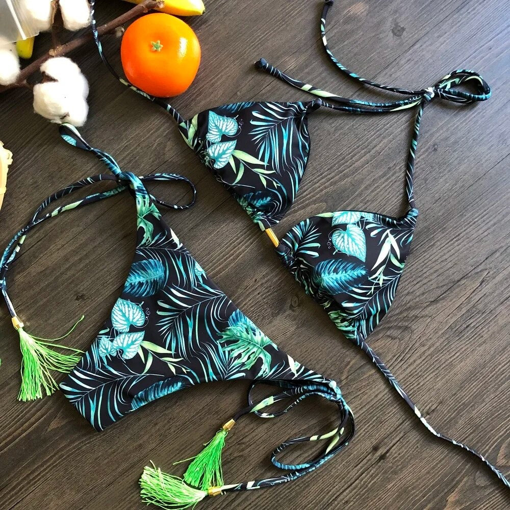 Feather Print Bikini with Dark Blue and Light Green Tassels