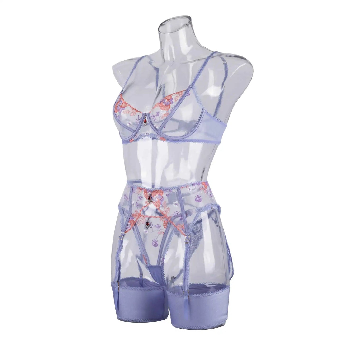 4-Piece Transparent Lace Lingerie Set with Garter Belt