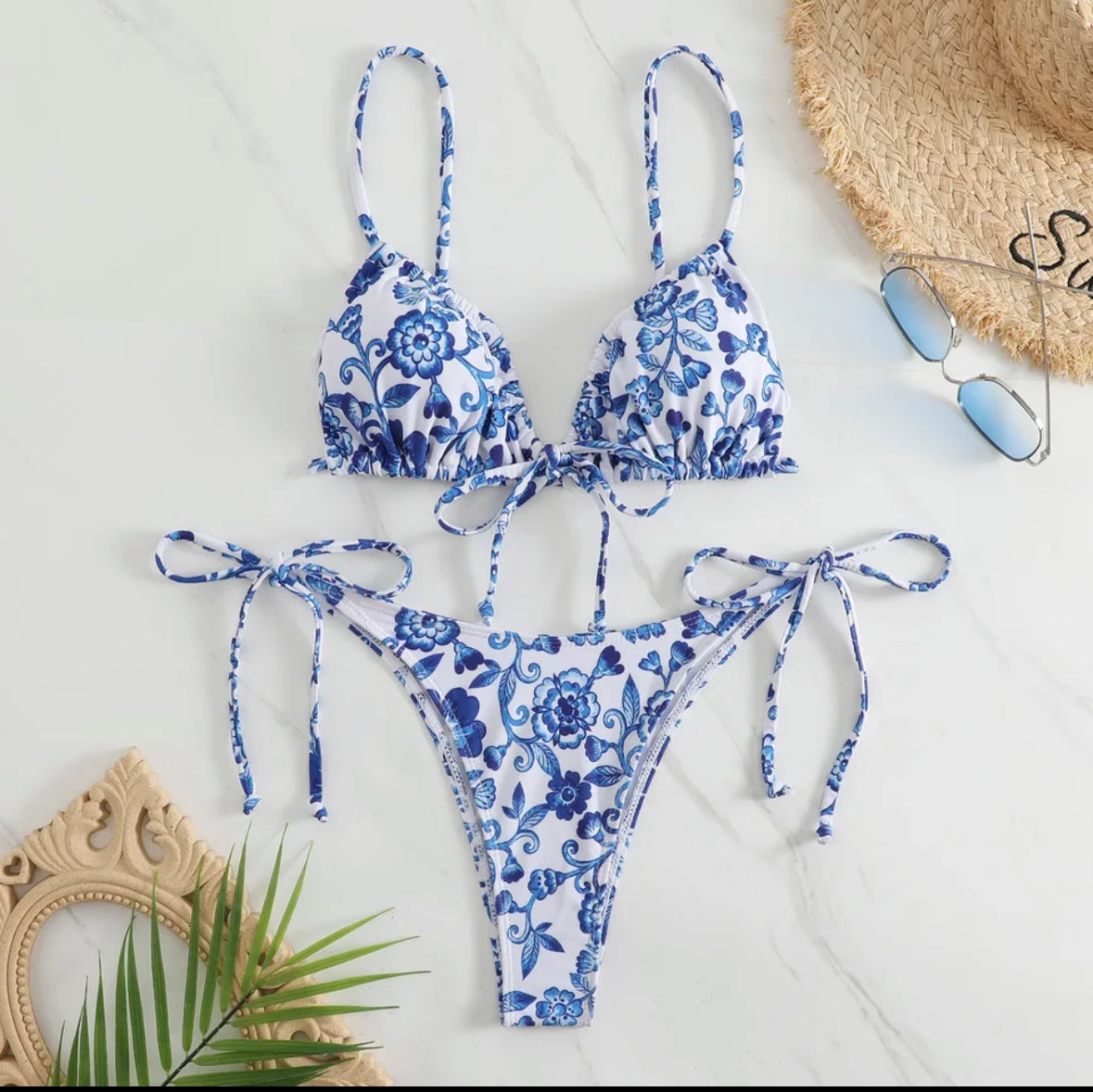 Floral Print Micro Bikini - Blue and White Porcelain Bikini Set