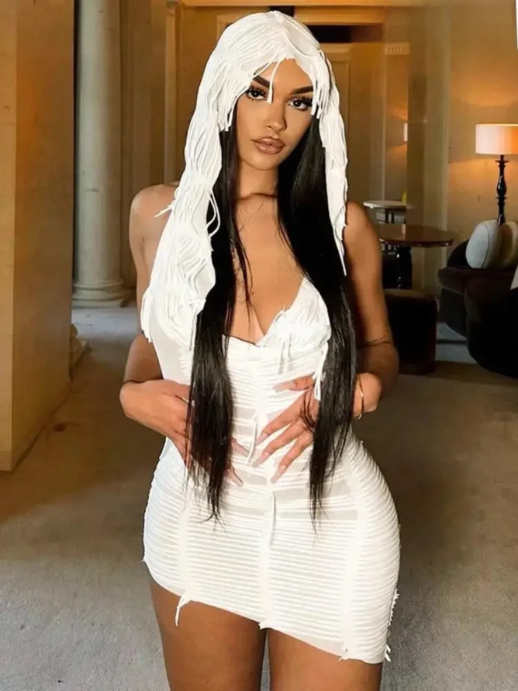 Chic and Cozy White Hooded Swing Collar Sleeveless Tassel Design Cascading Vest