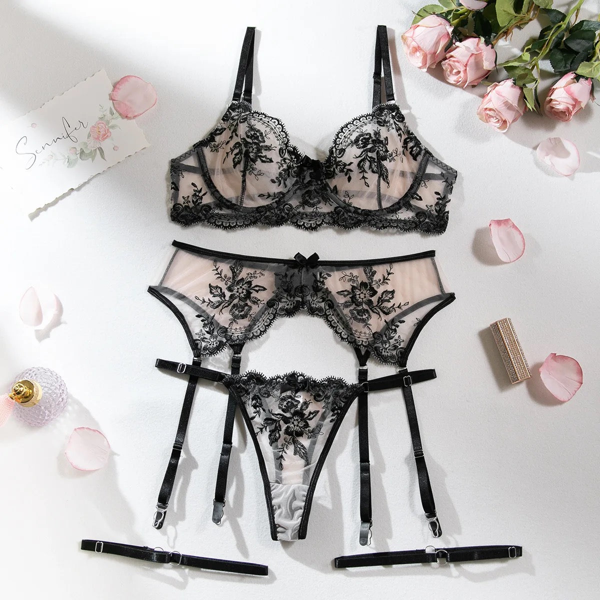 Enchanting Floral Embroidery Lingerie Set - 4-Piece Bra, Brief, and Garter Kit