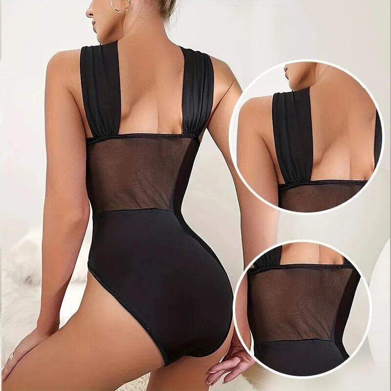 Sultry Black Slim Fit Suit with Steel Bone: Women's Chest Cross Tie Lace Bodysuit