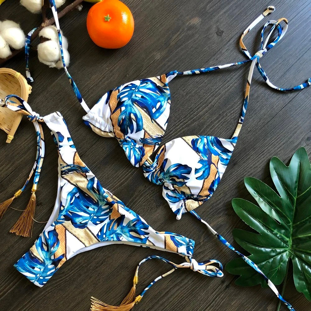 Gold tassels w/ Blue/Tan accent Sexy Bikini Set - Women's New BAE-kini Collection