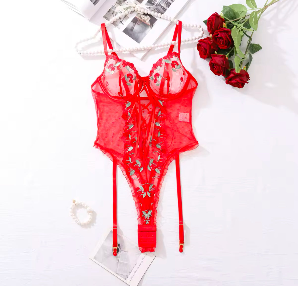 Scarlet Desire: Embroidered Lace Bodysuit"