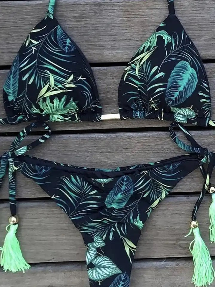 Feather Print Bikini with Dark Blue and Light Green Tassels