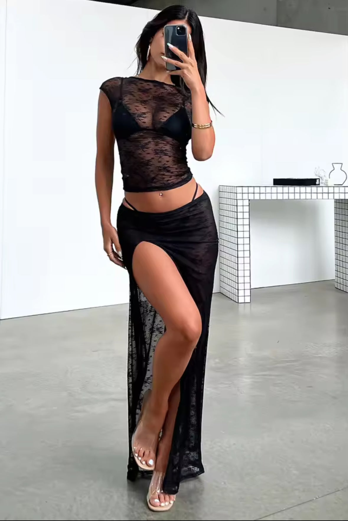Boho Lace 2-Piece Cover Up Set – Sheer Crop Top & High-Slit Skirt