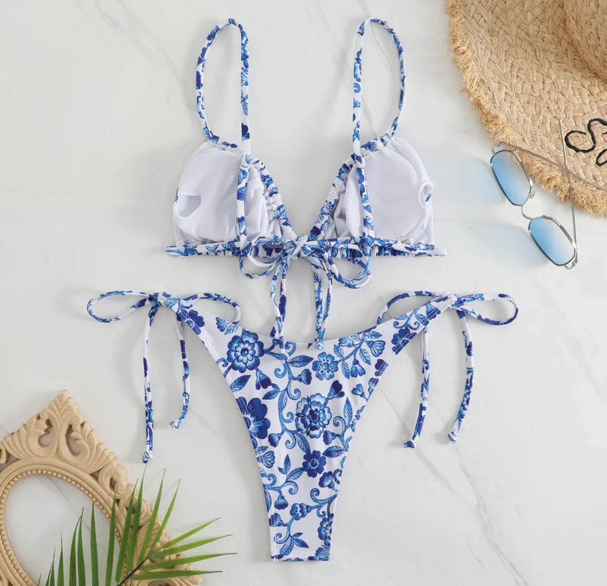 Floral Print Micro Bikini - Blue and White Porcelain Bikini Set