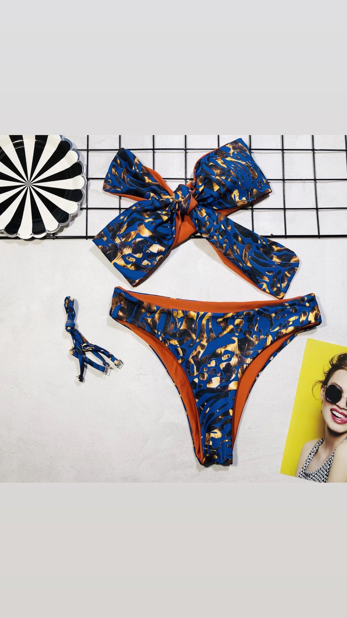Bandeau Blue Print Bowknot Swimsuit