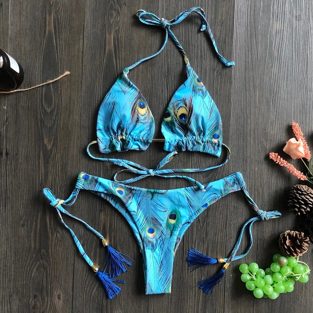 Peacock Blue Swim Suit with Elegant Tassels