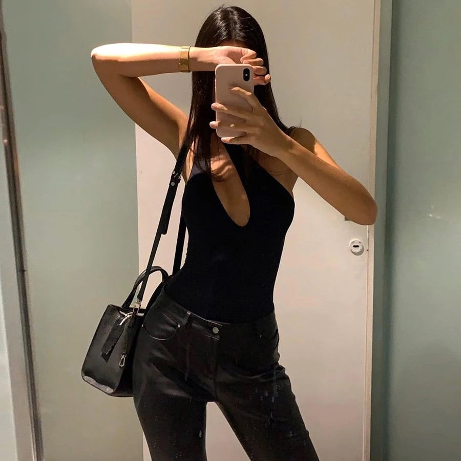 One-Shoulder Black Cut-Out Bodycon Bodysuit