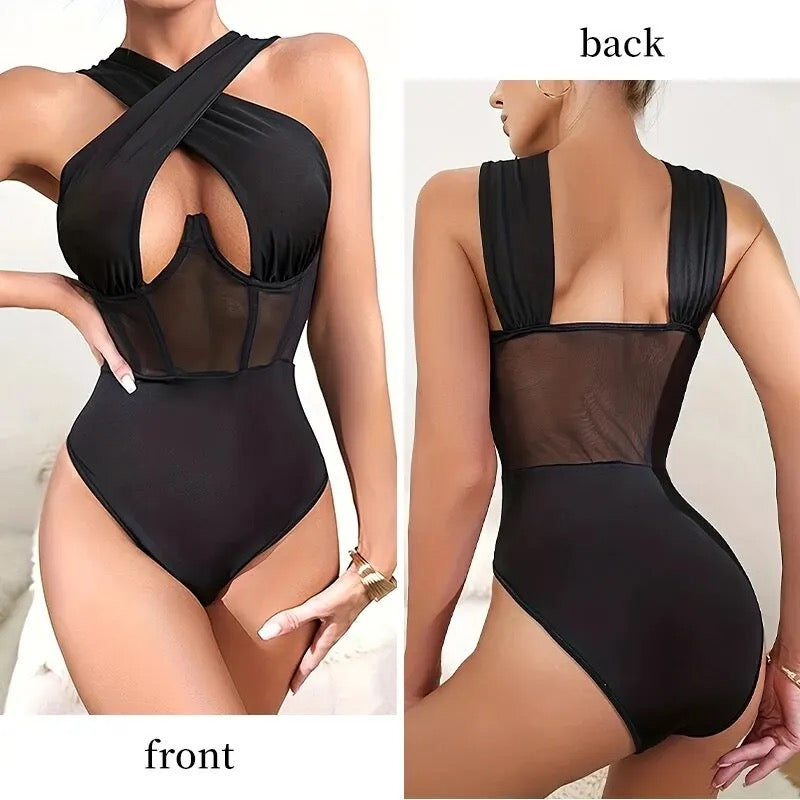 Sultry Black Slim Fit Suit with Steel Bone: Women's Chest Cross Tie Lace Bodysuit
