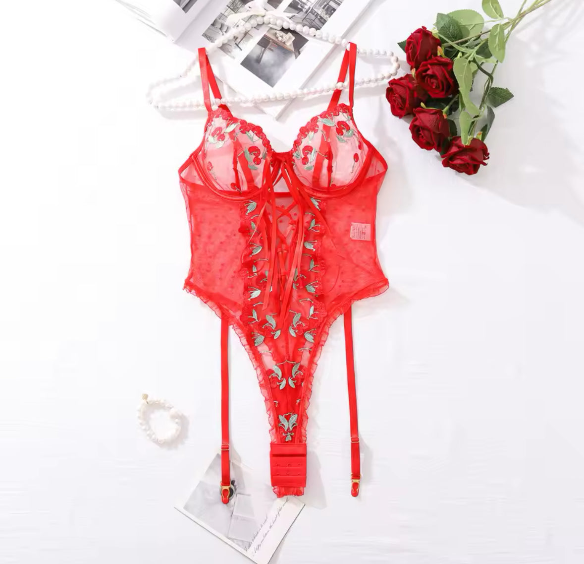 Scarlet Desire: Embroidered Lace Bodysuit"
