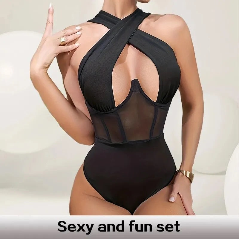 Sultry Black Slim Fit Suit with Steel Bone: Women's Chest Cross Tie Lace Bodysuit