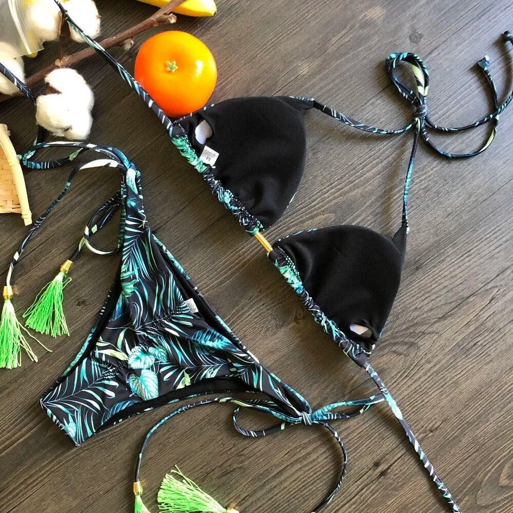 Feather Print Bikini with Dark Blue and Light Green Tassels