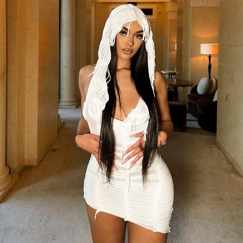 Chic and Cozy White Hooded Swing Collar Sleeveless Tassel Design Cascading Vest