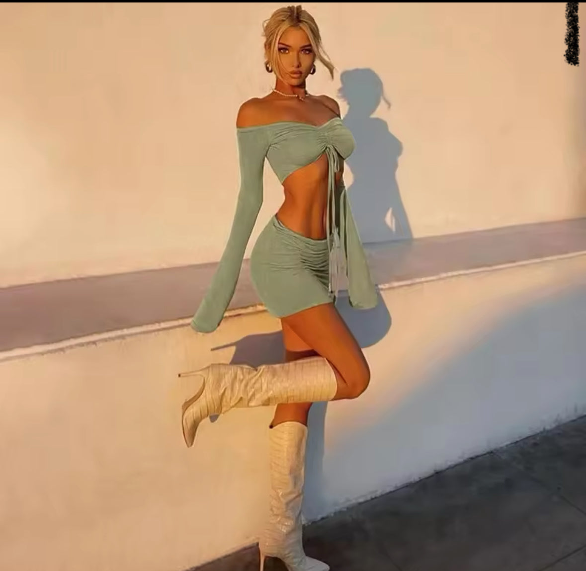 2-Piece Set: Long Sleeve Drawstring Crop Top and Mini Skirt Bodycon Outfit
