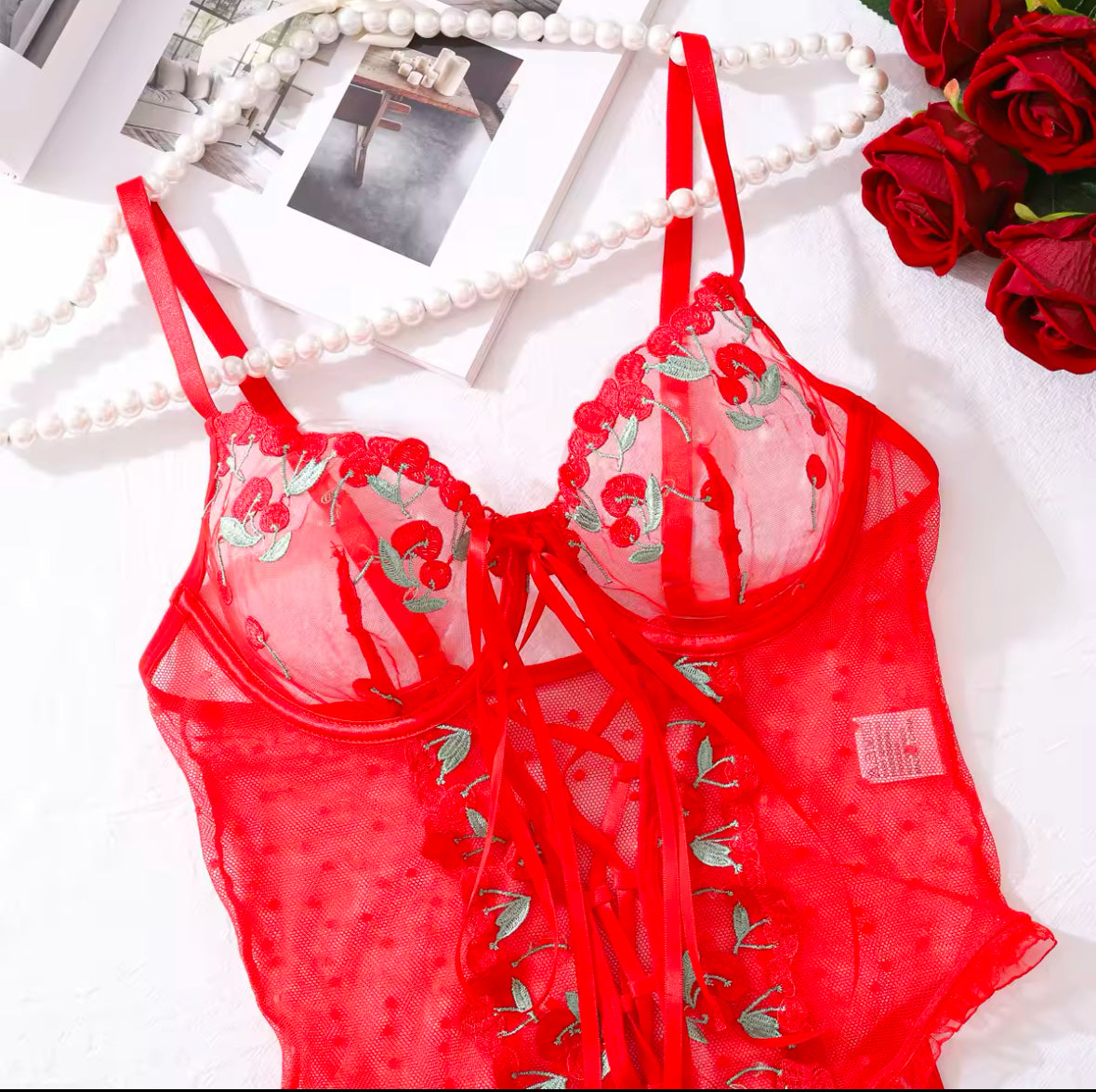 Scarlet Desire: Embroidered Lace Bodysuit"