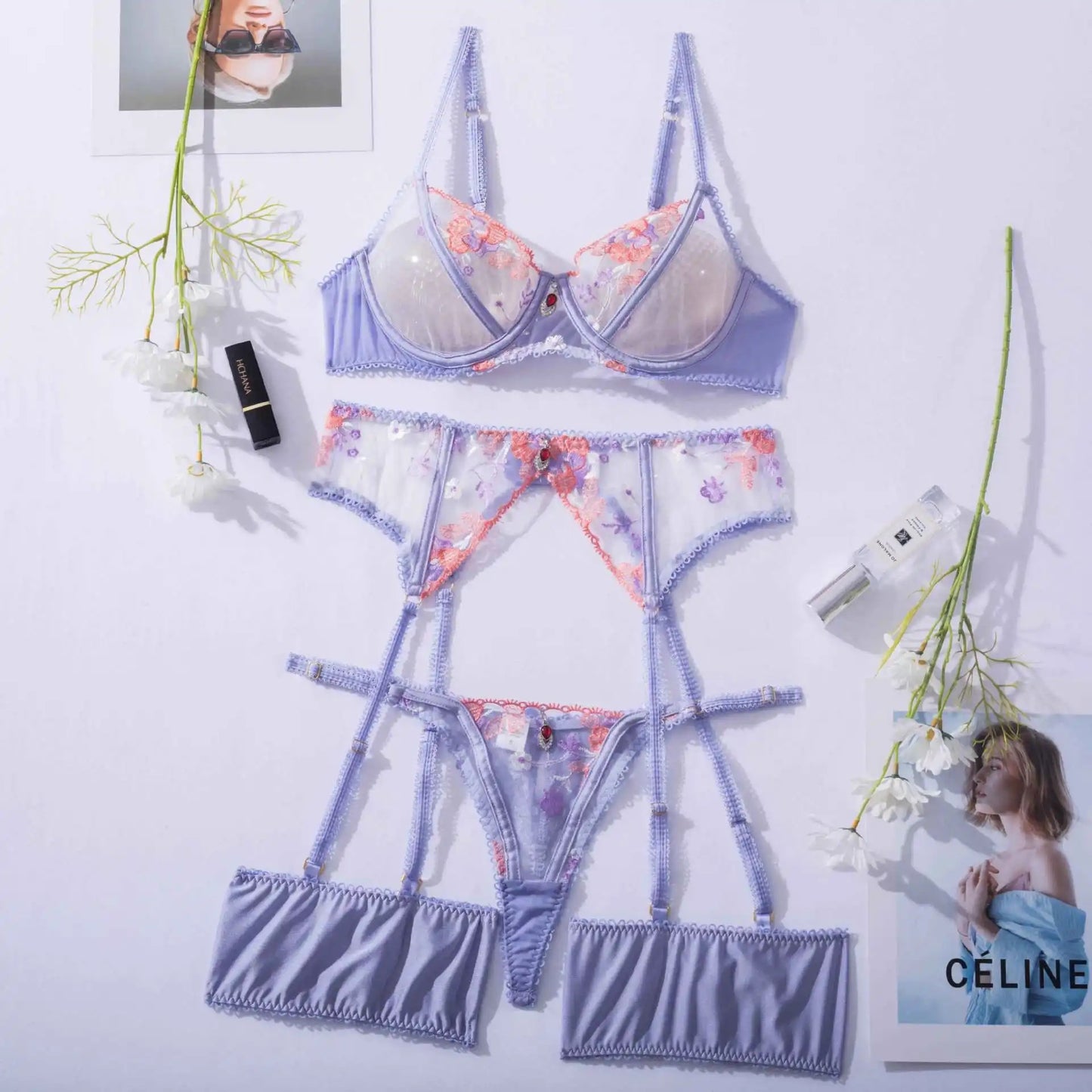 4-Piece Transparent Lace Lingerie Set with Garter Belt