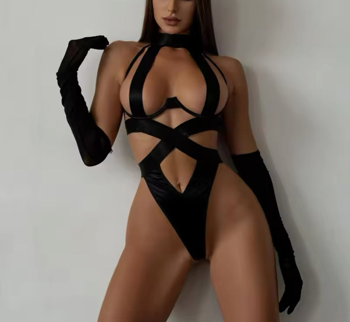 Black Halter Bandage Lingerie Bodysuit - Sexy One-Piece Push-Up Teddy( no gloves)