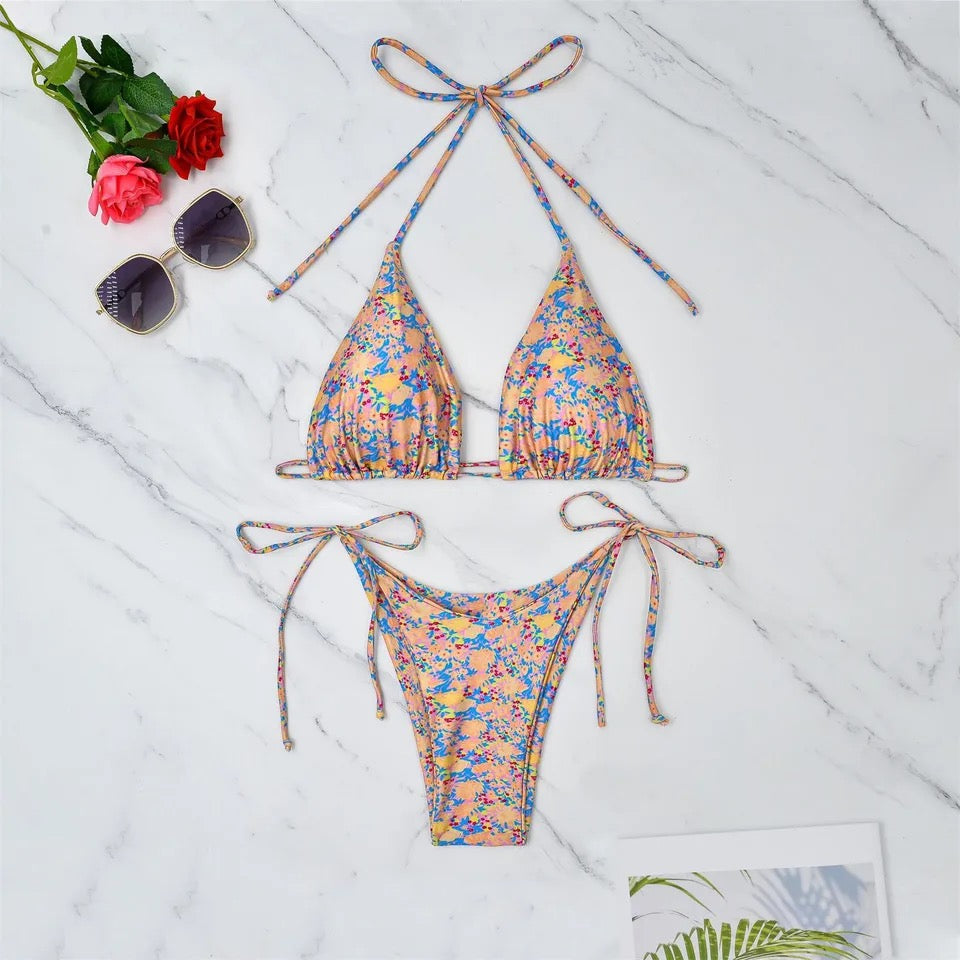 Coffee High Cut baewear Bandage bae/kini Floral Printed Two Pieces Suit