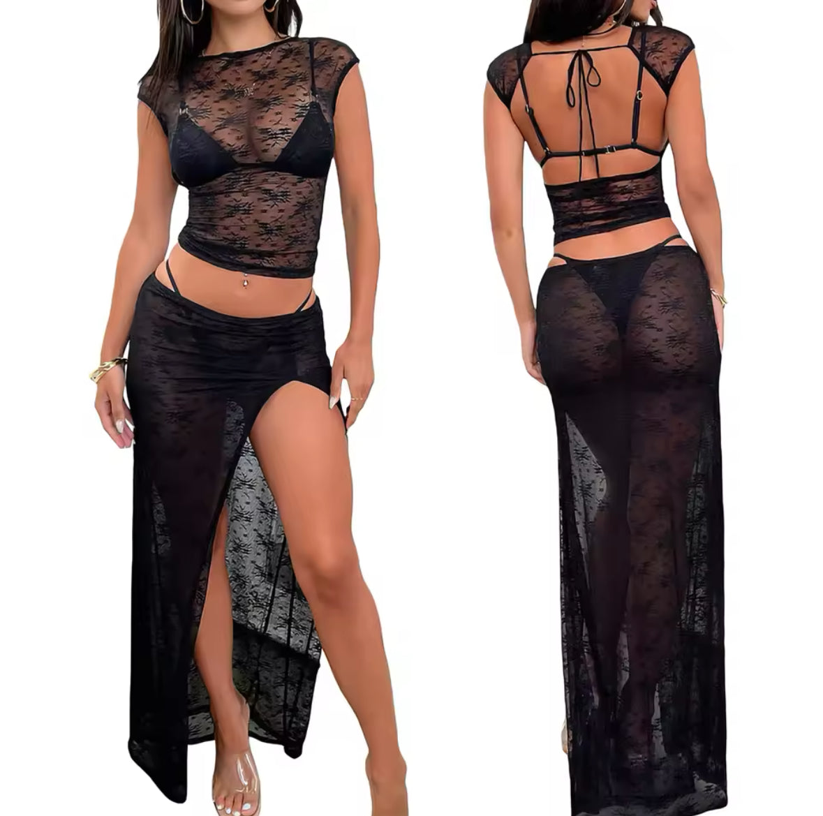 Boho Lace 2-Piece Cover Up Set – Sheer Crop Top & High-Slit Skirt