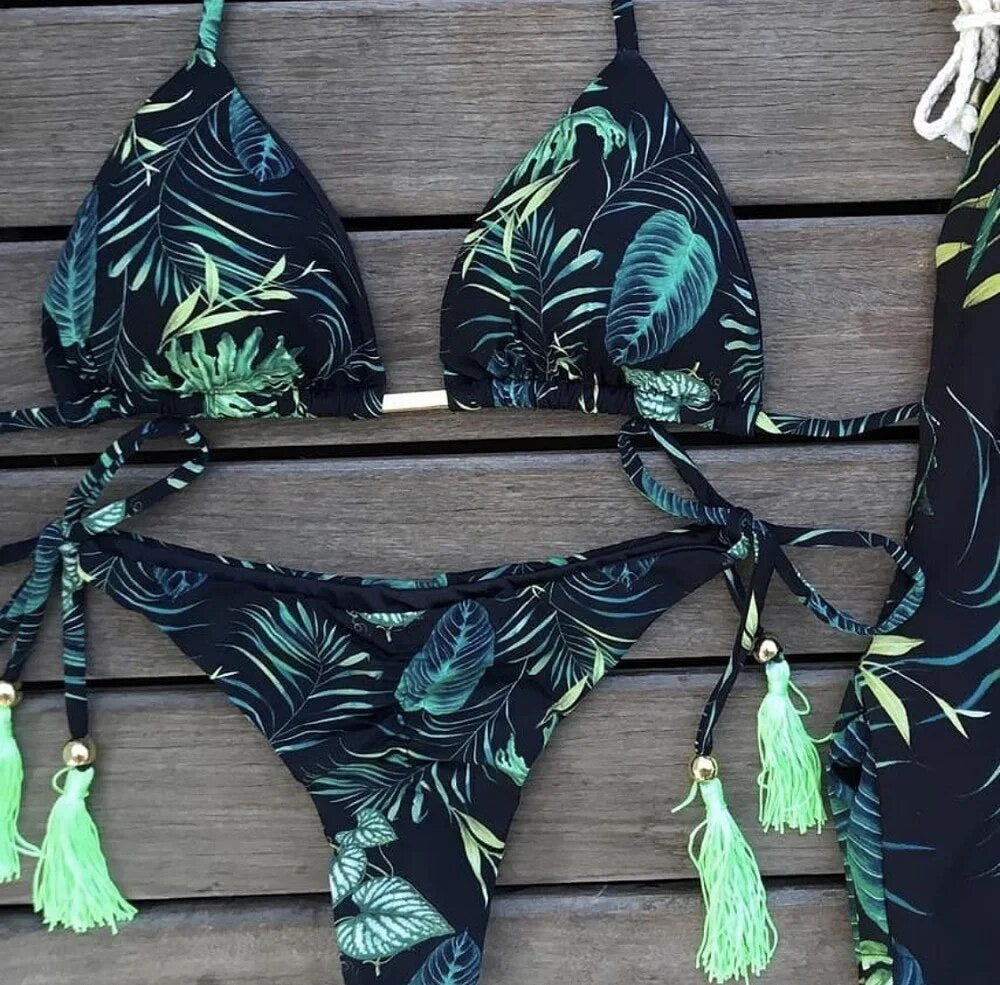 Feather Print Bikini with Dark Blue and Light Green Tassels
