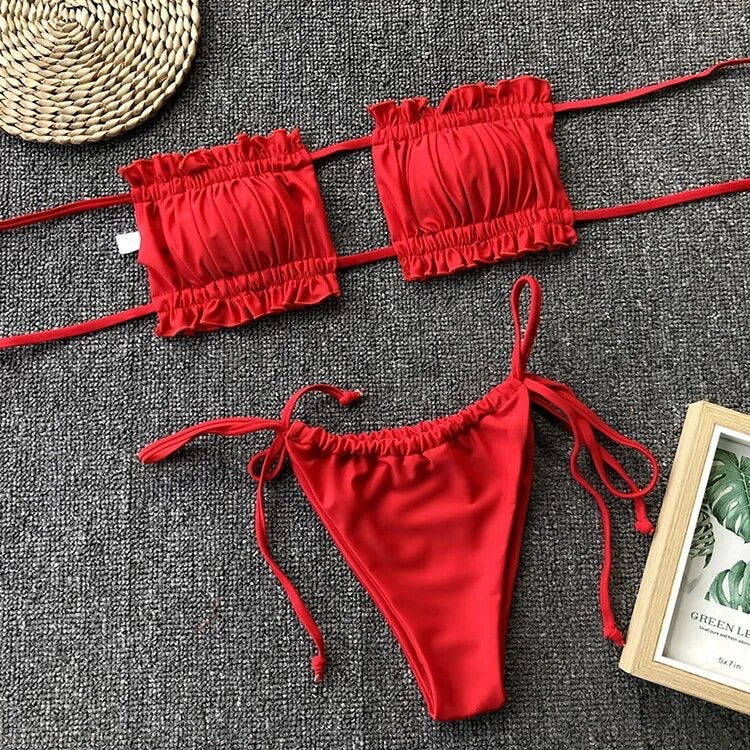 Pleated Bandeau Sexy Bikini Set - Women's Thong Swimwear
