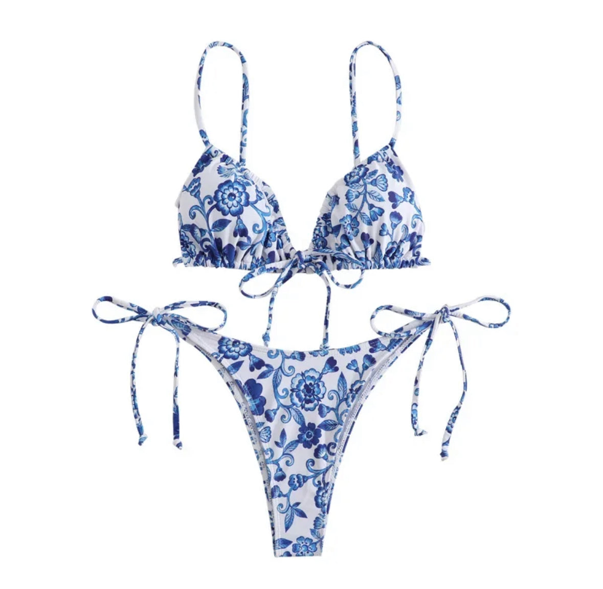 Floral Print Micro Bikini - Blue and White Porcelain Bikini Set
