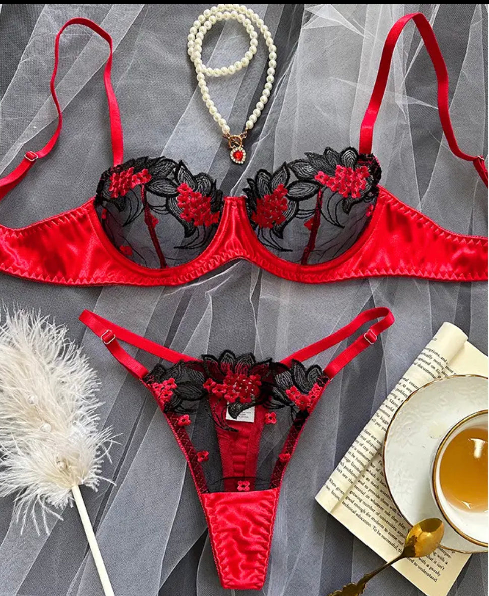 The Sophie Red and black Floral Lace luxury Bra set