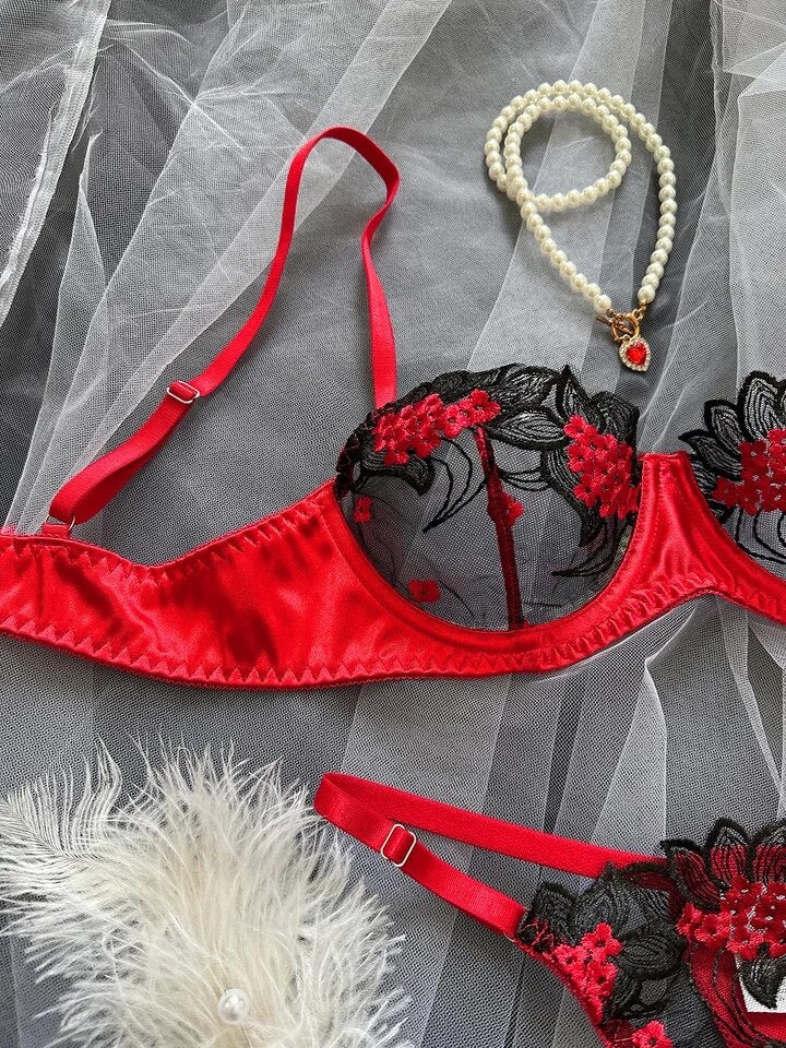 The Sophie Red and black Floral Lace luxury Bra set
