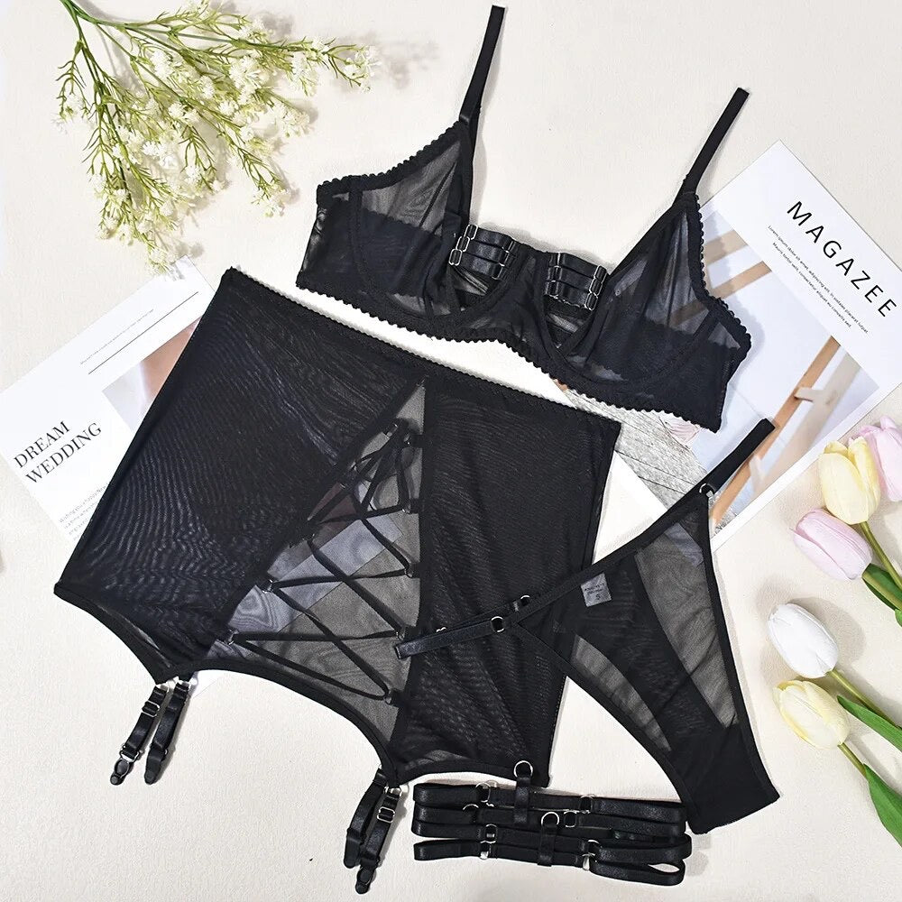 (Elias) 4-Piece Black erotic Garter Lingerie Set