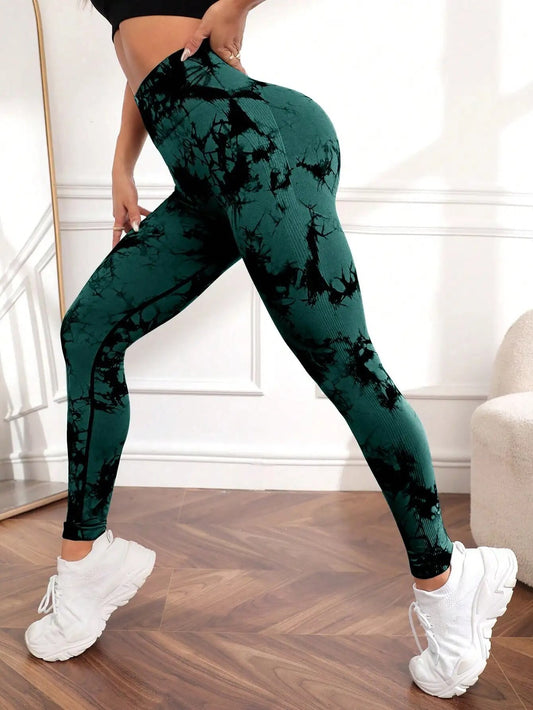 Dark Green Tie-Dye Seamless High Waist Yoga Pants for Women - Sport Leggings with Push-Up Feature