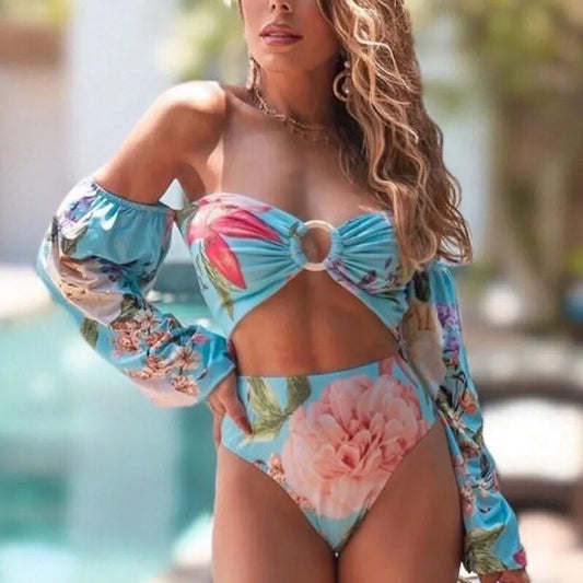 Floral Fantasy: Light Blue/Pink  Halter Hollow Out One Piece Swimsuit