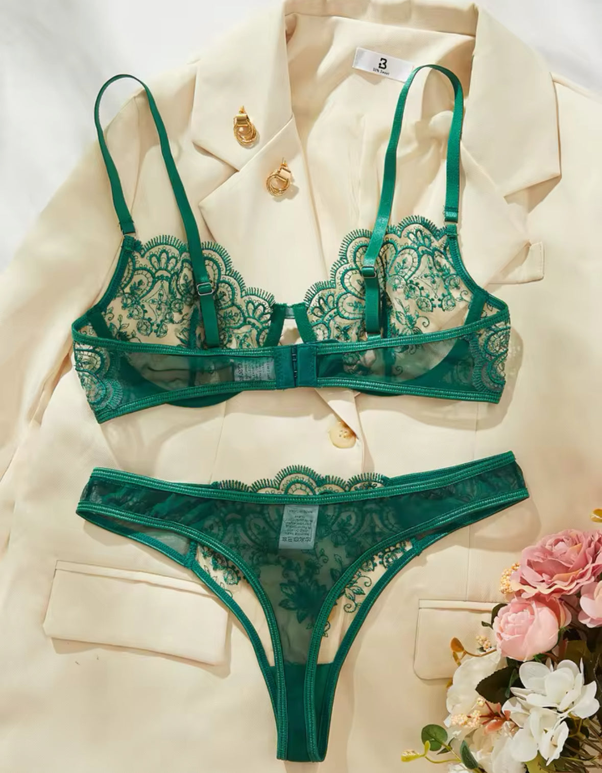 Navy green Heart Rhinestone See Through Lingerie Set