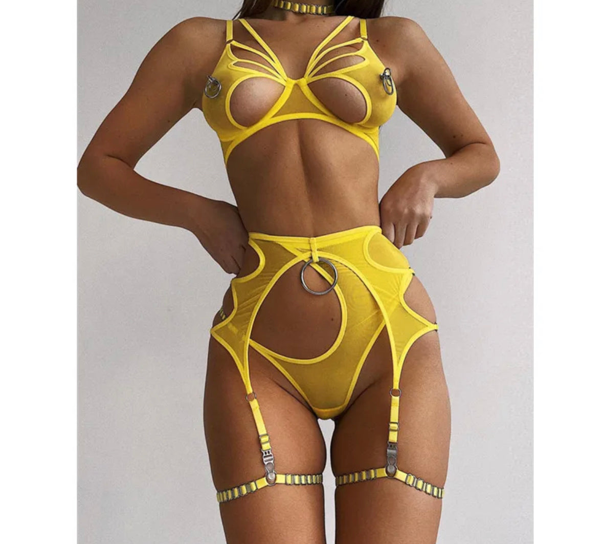 Yellow Sensual Lace Cut-Out Bra Set