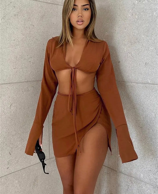 Light Brown Lace-Up Crop Top & Side Slit Mini Skirt Set: Women's Vacation Ensemble