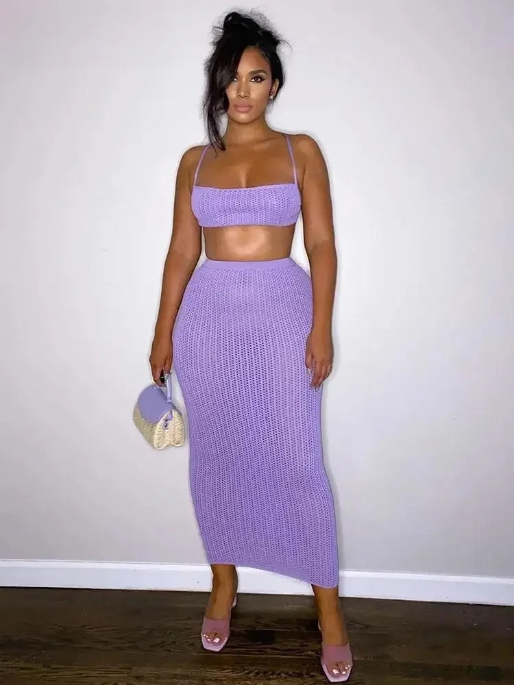 Lavender Knitted Classic 2Two Piece Set Women Sexy Halter Lace Up Tops + Maxi Hip Skirt