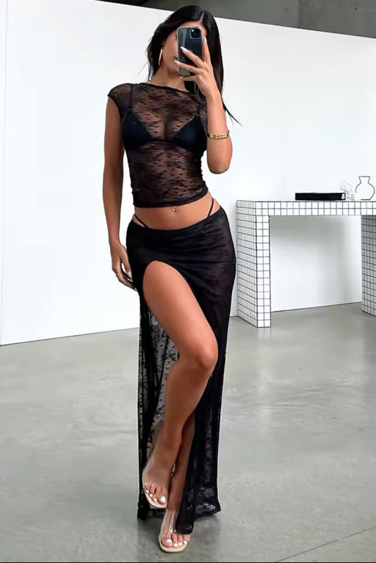 Boho Lace 2-Piece Cover Up Set – Sheer Crop Top & High-Slit Skirt