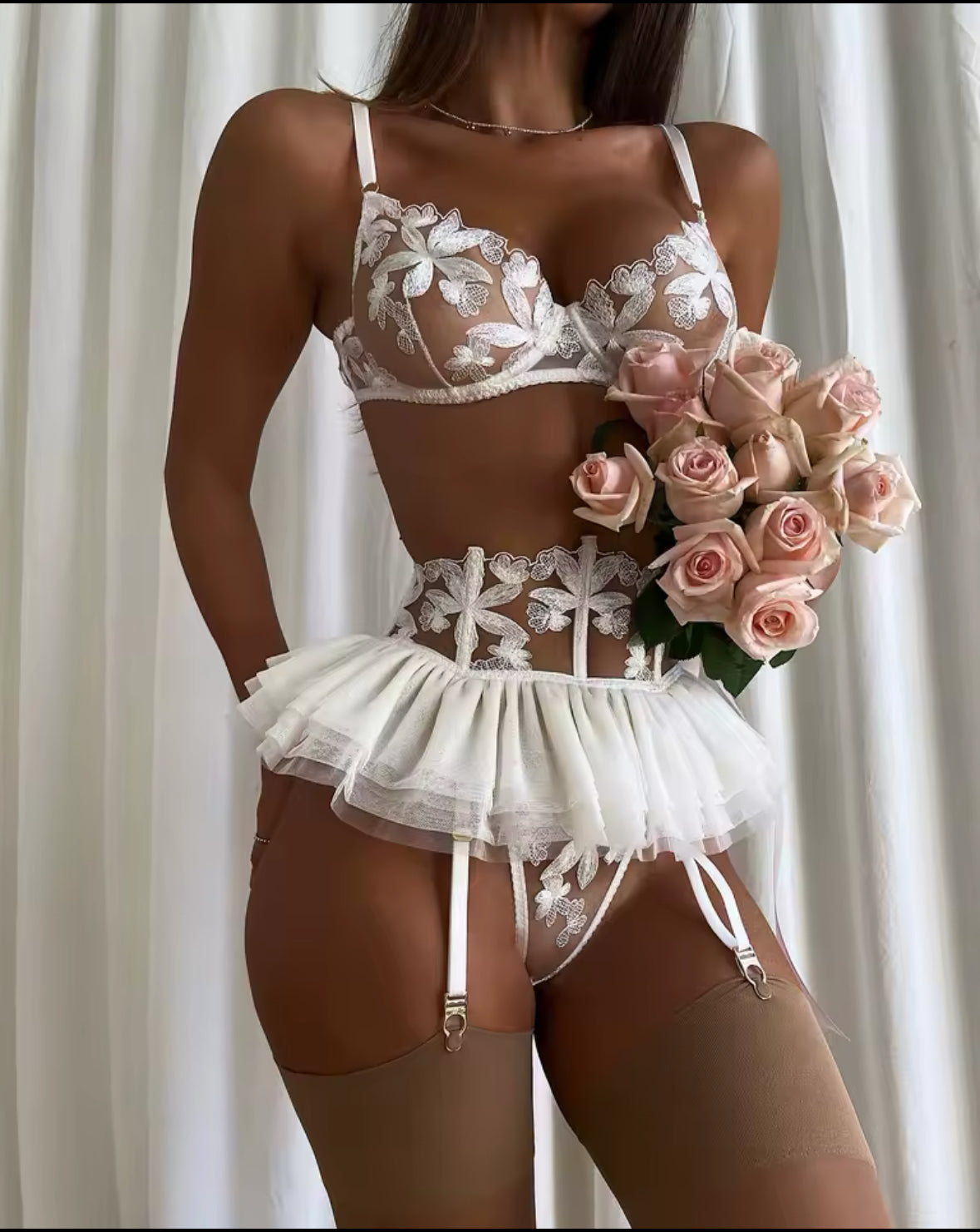 Luxury Flower Embroidered Bra & Thong 3-Piece Set with Ruffles Peplum