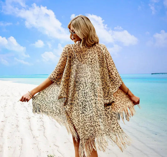 Leopard cover up with tassels