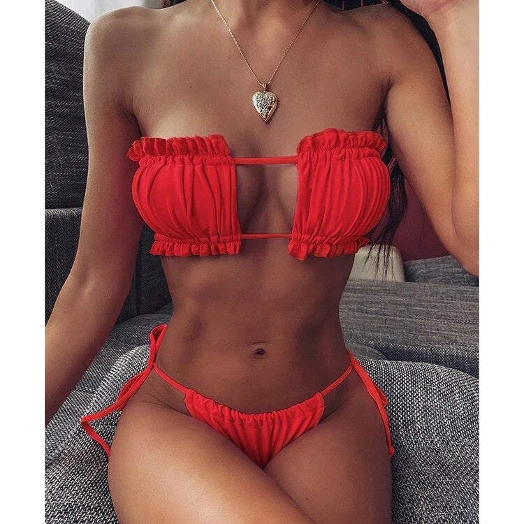 Pleated Bandeau Sexy Bikini Set - Women's  Thong Swimwear