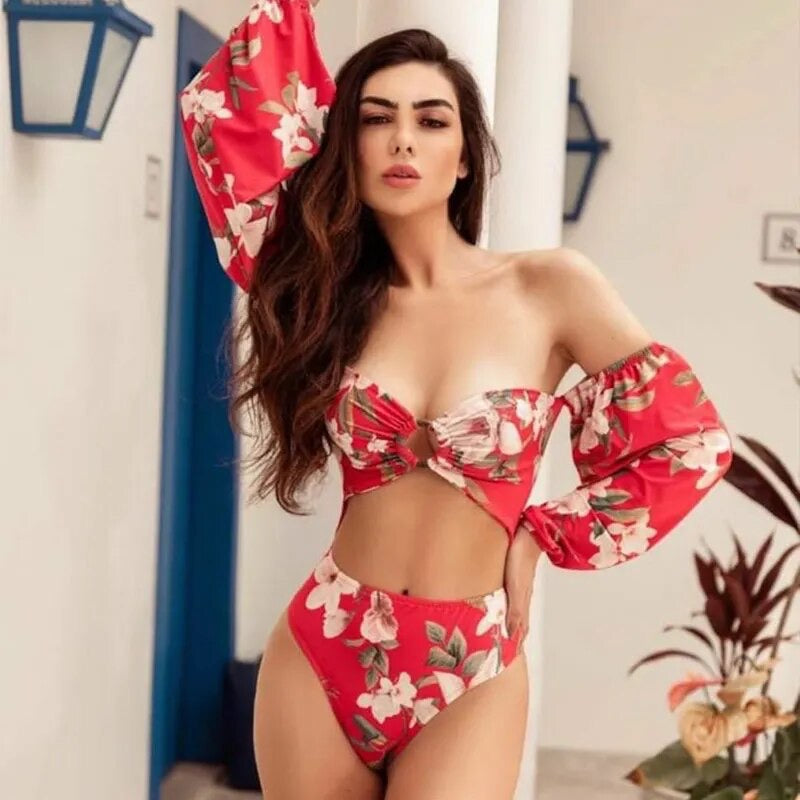 Floral Fantasy: RED Halter Hollow Out One Piece Swimsui