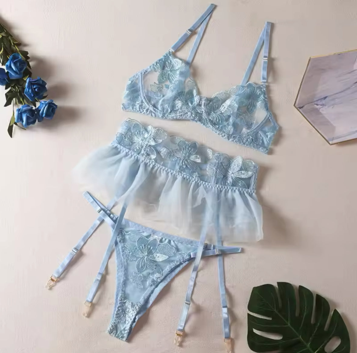 Luxury Flower Embroidered Bra & Thong 3-Piece Set with Ruffles Peplum