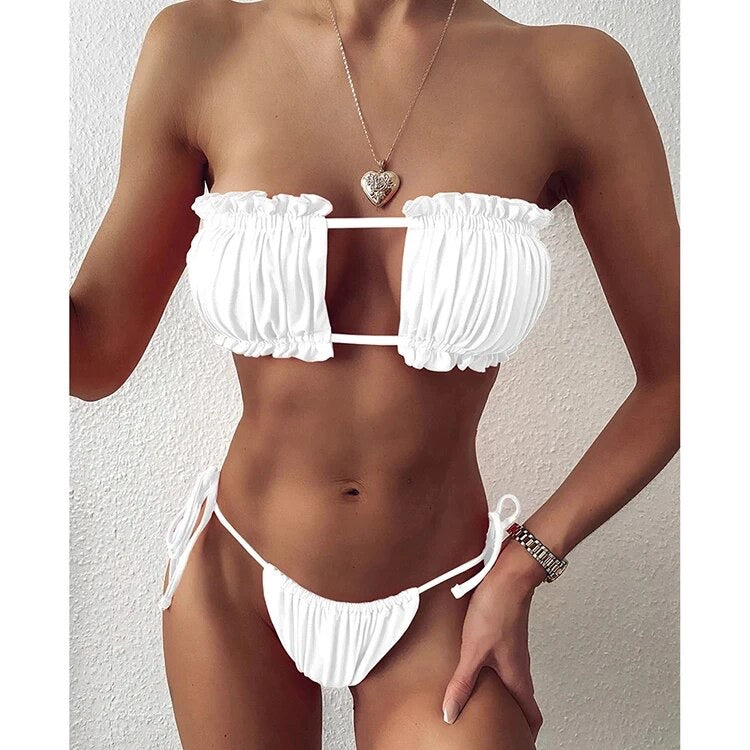 Pleated Bandeau Sexy Bikini Set - Women's  Thong Swimwear