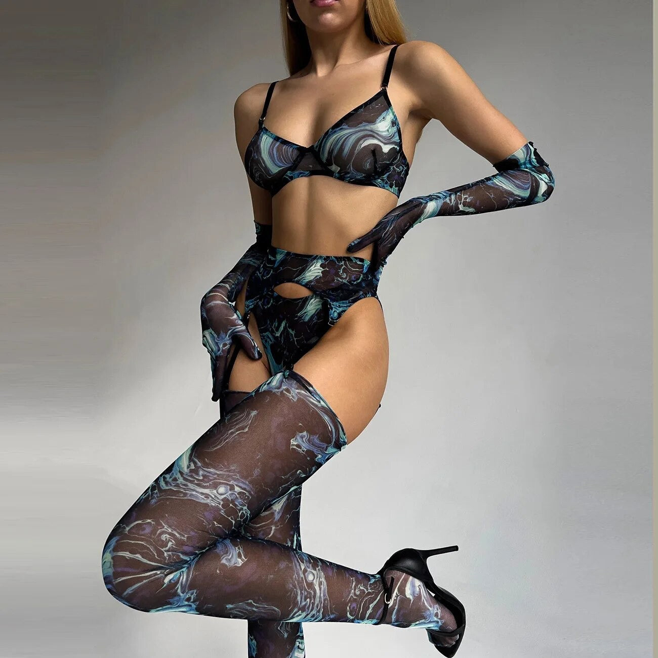 Celestial chic- Cosmic Gray tie dye lingerie set with gloves