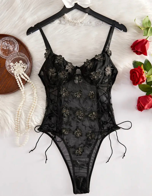 Midnight Bloom Lace Corset Bodysuit