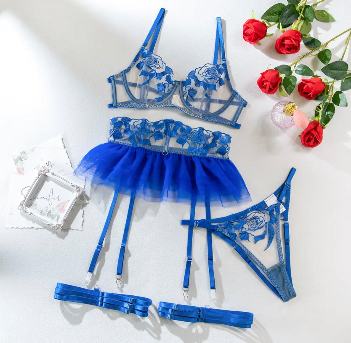 see through embroidered set with Tu-Tu garter