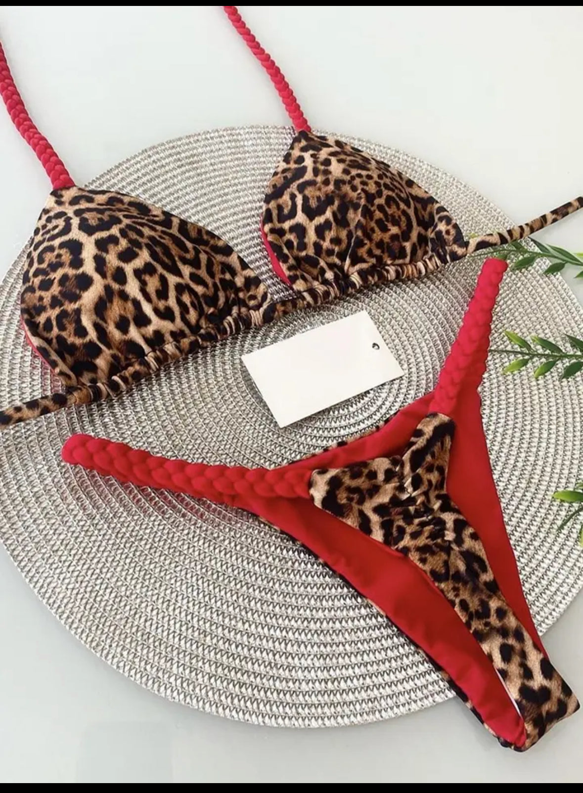 Leopard Print Brazilian Bikini Set w/ red trim